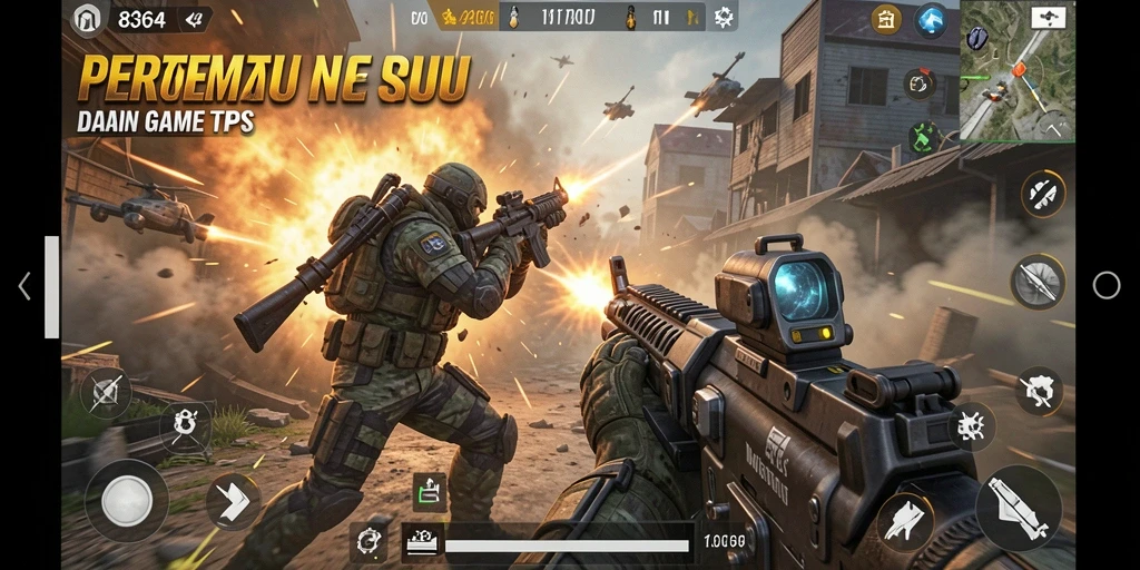 Screenshot gameplay seru dari 8364 dengan aksi pertempuran TPS.