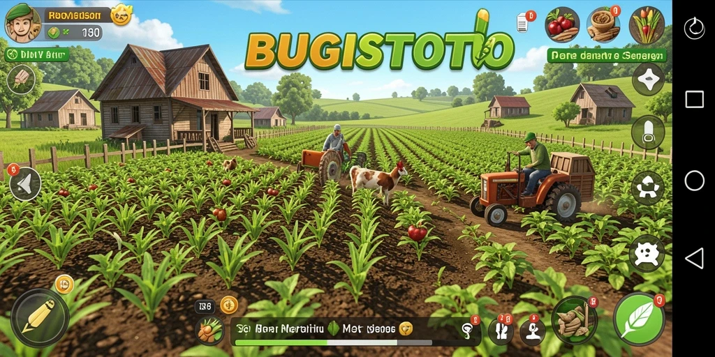 Screenshot utama BUGISTOTO menampilkan aktivitas bertani yang mengasyikkan.