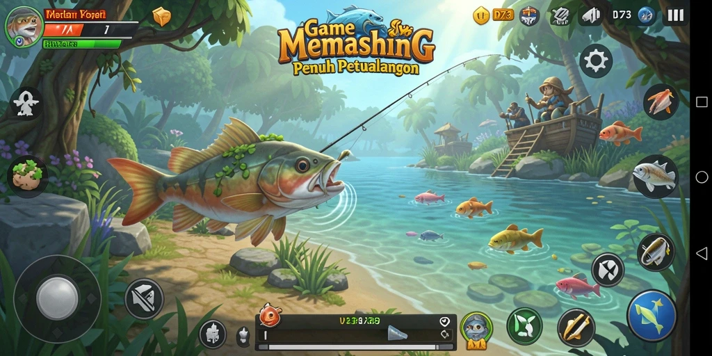 Tampilan gameplay D73 menampilkan aksi memancing yang mendebarkan.