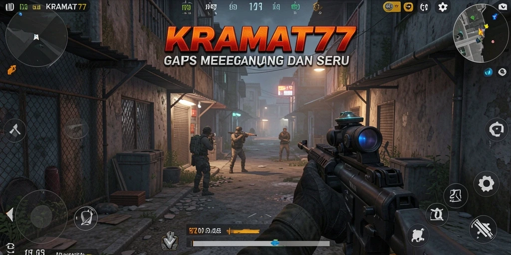 Screenshot menampilkan aksi memukau dalam gameplay FPS KRAMAT77.