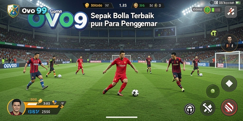 Tangkapan layar gameplay OVO99 dengan momen seru dalam pertandingan sepak bola.