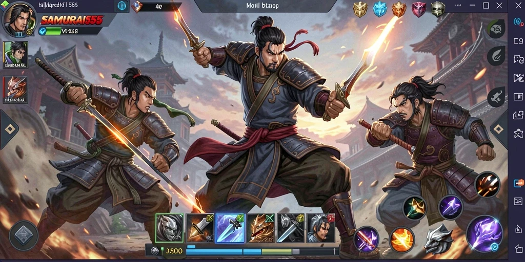 Tangkapan layar gameplay SAMURAI555 yang menampilkan pertarungan sengit di arena.