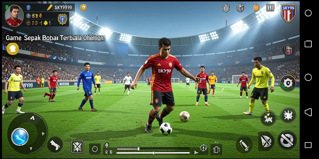 Screenshot utama gameplay menunjukkan aksi seru dalam pertandingan sepak bola.